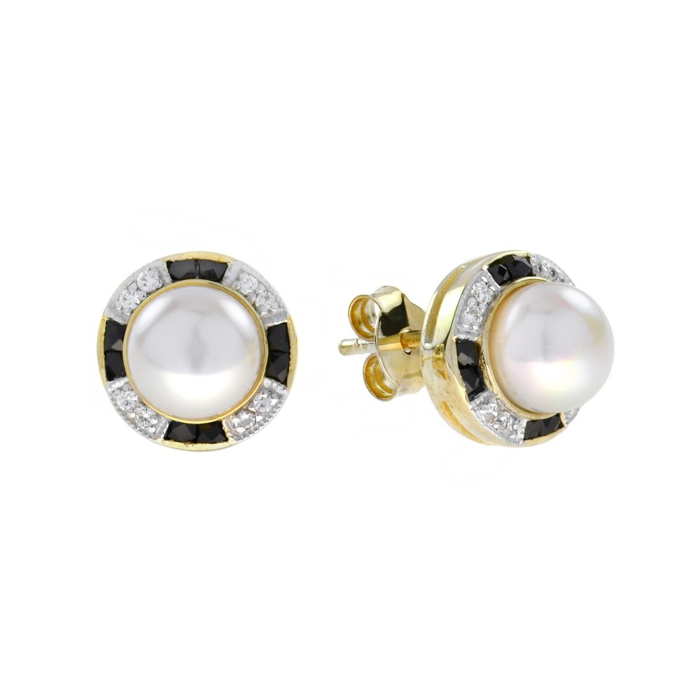 Pearl Onyx Diamond Art Deco Style Stud Earrings