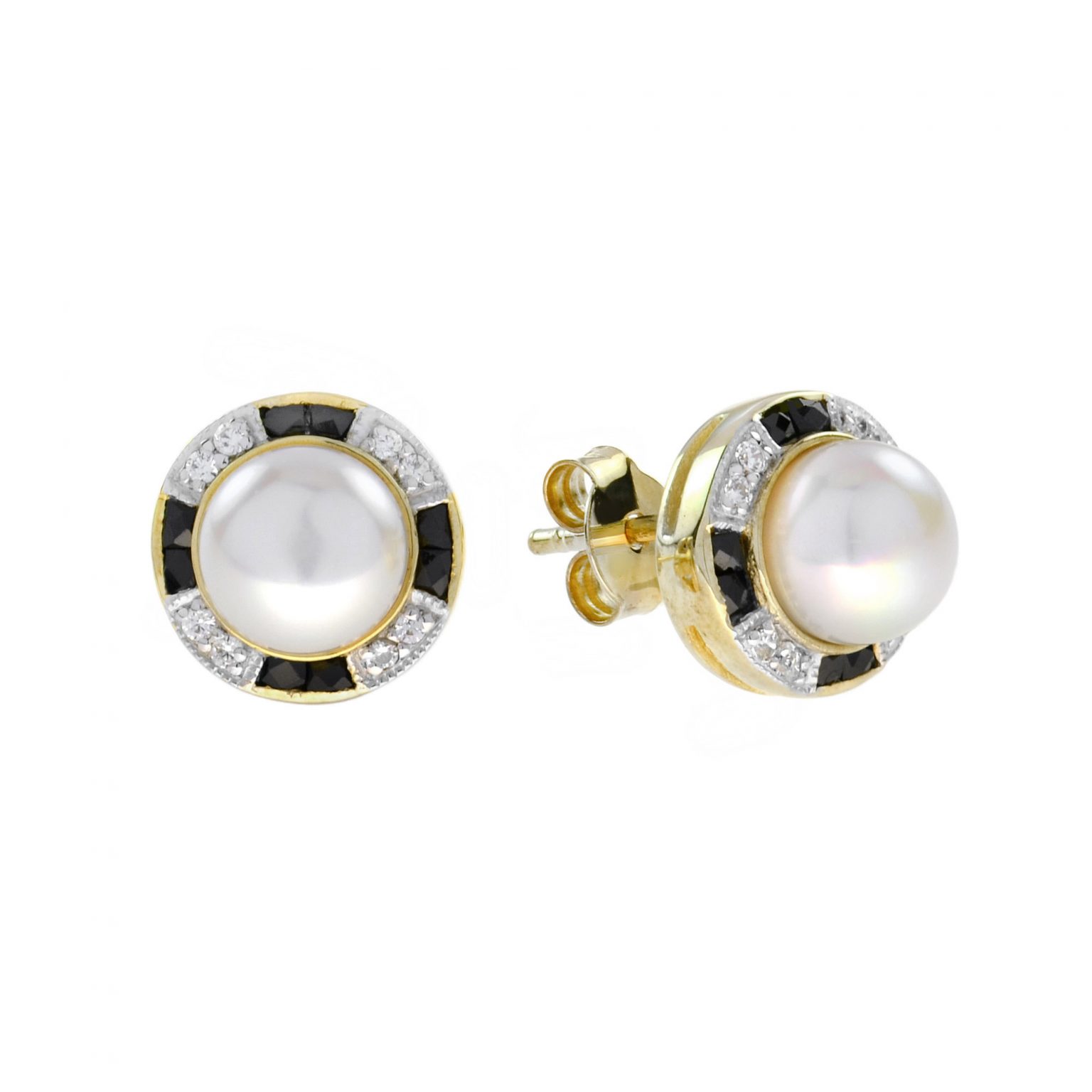 Pearl Onyx Diamond Art Deco Style Stud Earrings