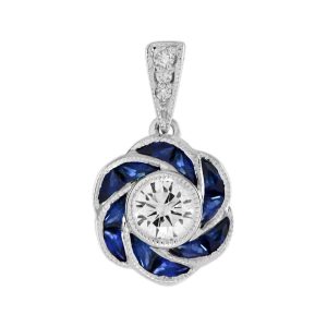 Diamond and Sapphire Art Deco Style Rose Floral Pendant