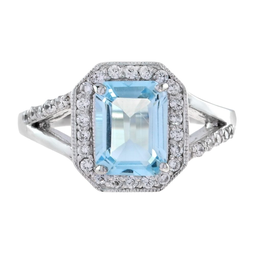 Emerald Cut Aquamarine and Diamond Split Shank Engagement Ring