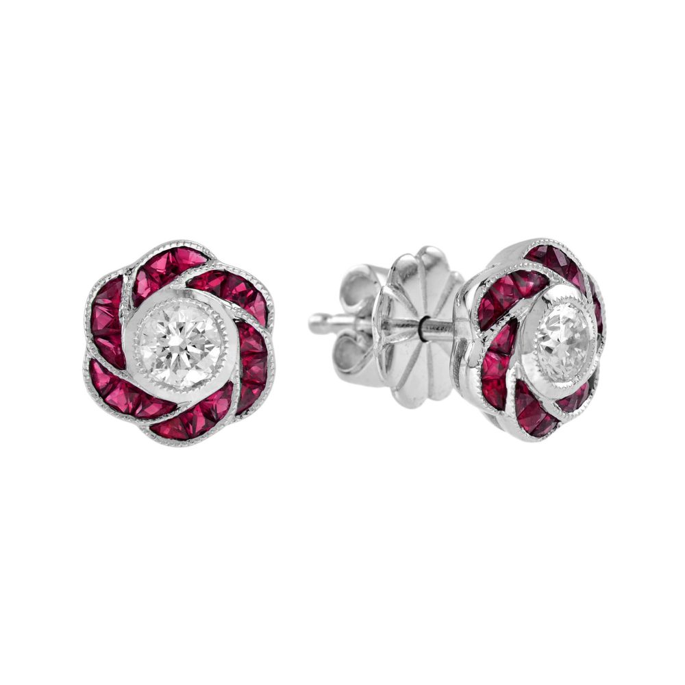 Diamond Ruby Art Deco Style Rose Floral Stud Earrings