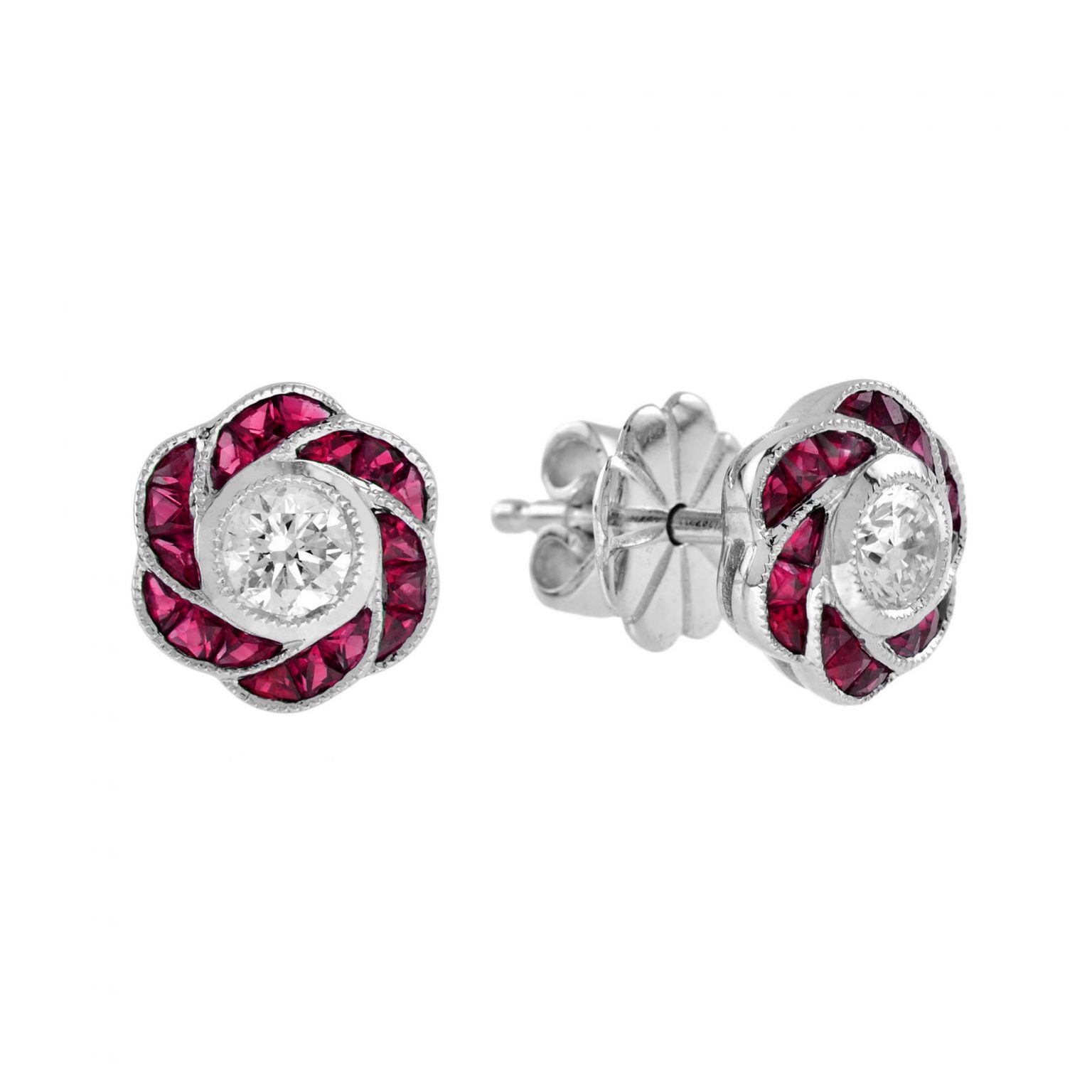 Diamond Ruby Art Deco Style Rose Floral Stud Earrings