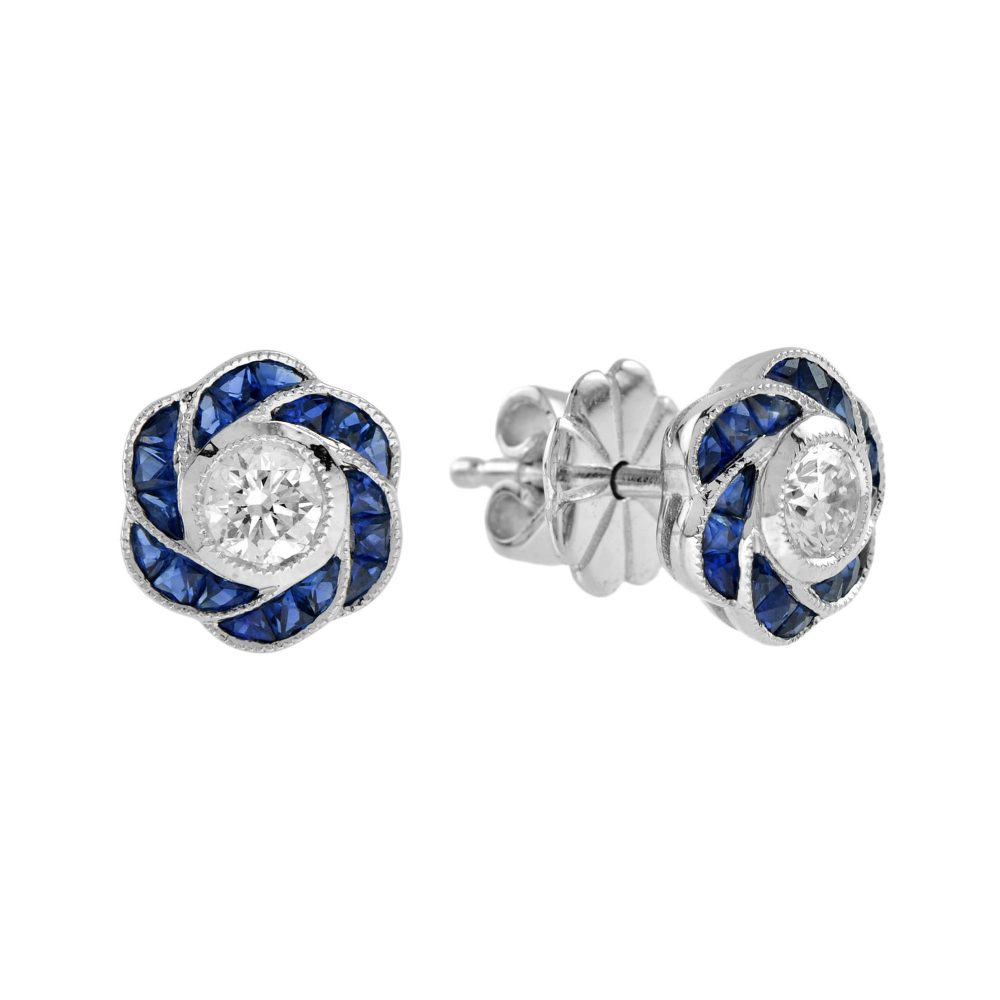 Diamond and Sapphire Art Deco Style Rose Floral Stud Earrings