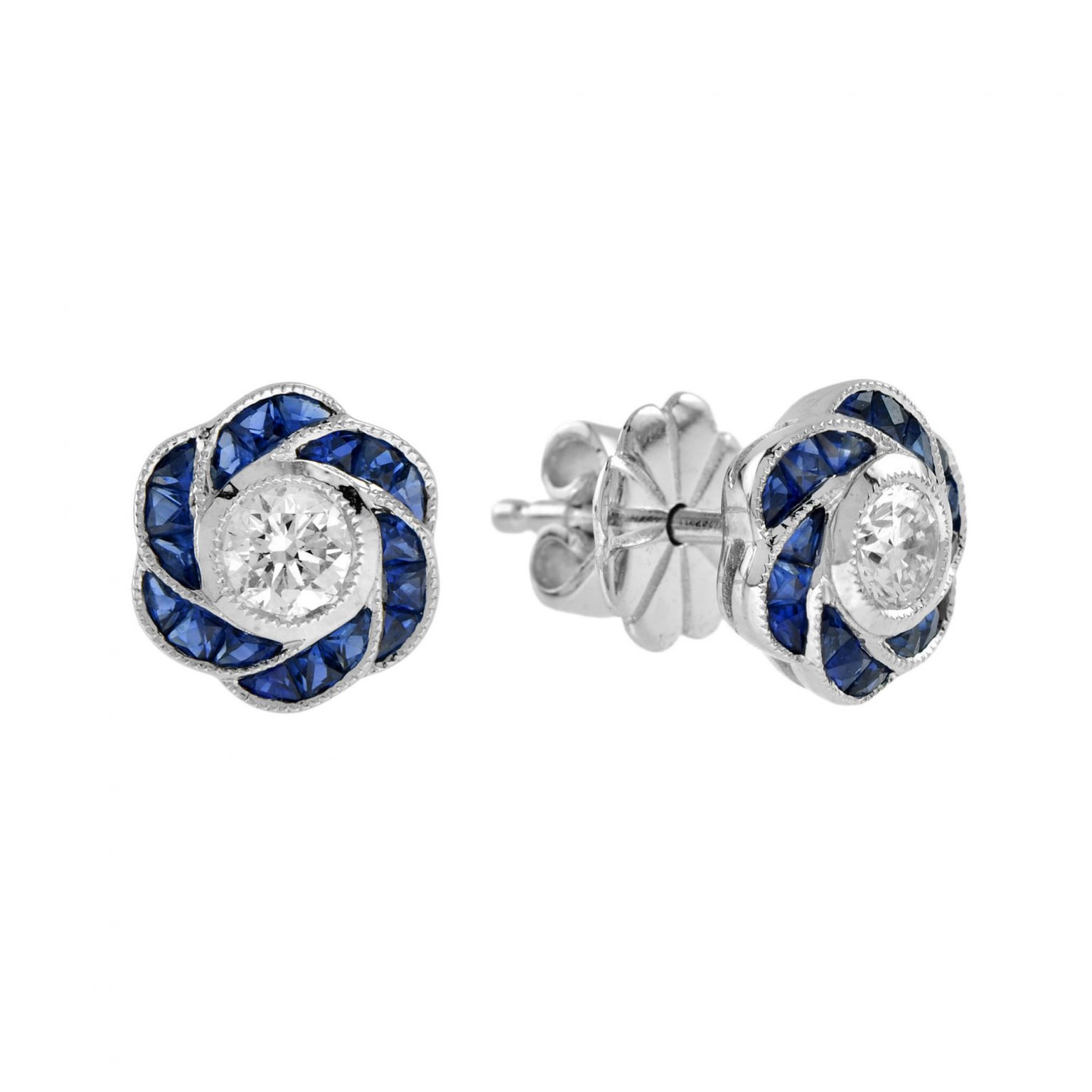 Diamond and Sapphire Art Deco Style Rose Floral Stud Earrings