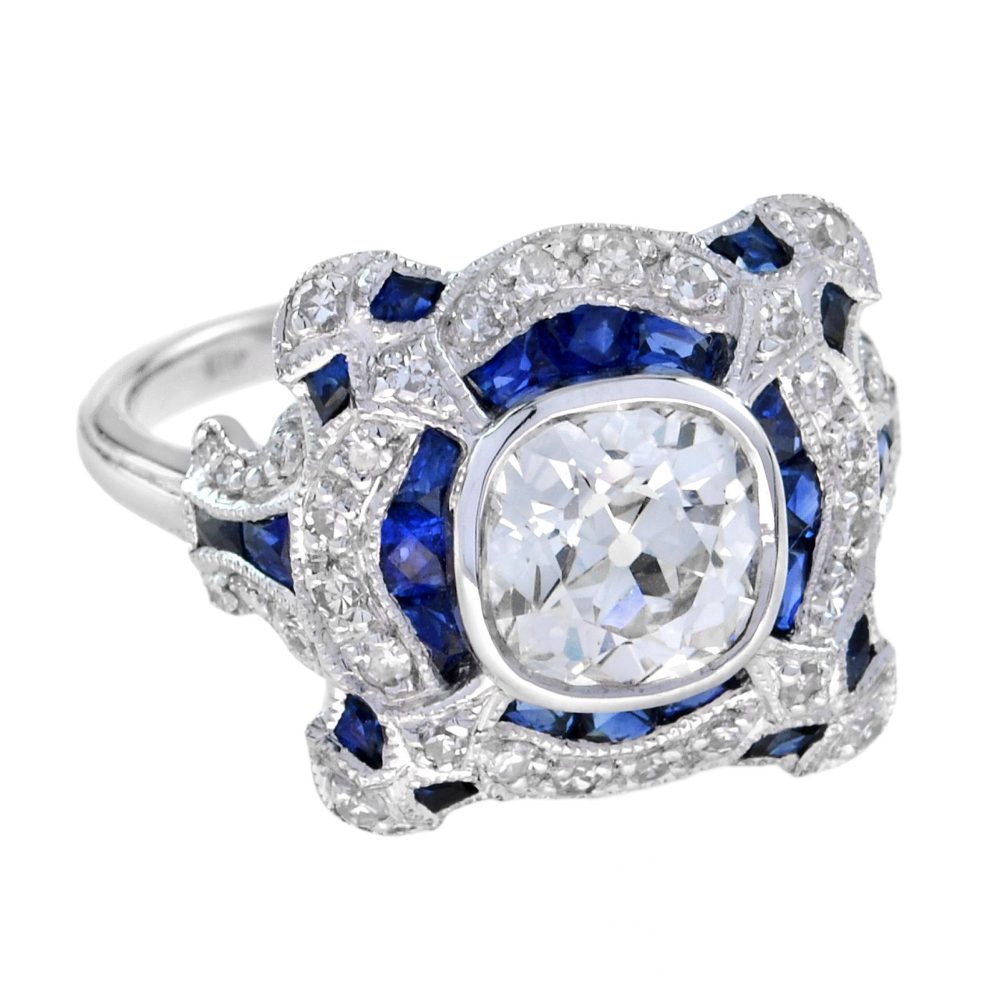 Art Deco GIA 1.52 Carat Diamond with Sapphire Ring