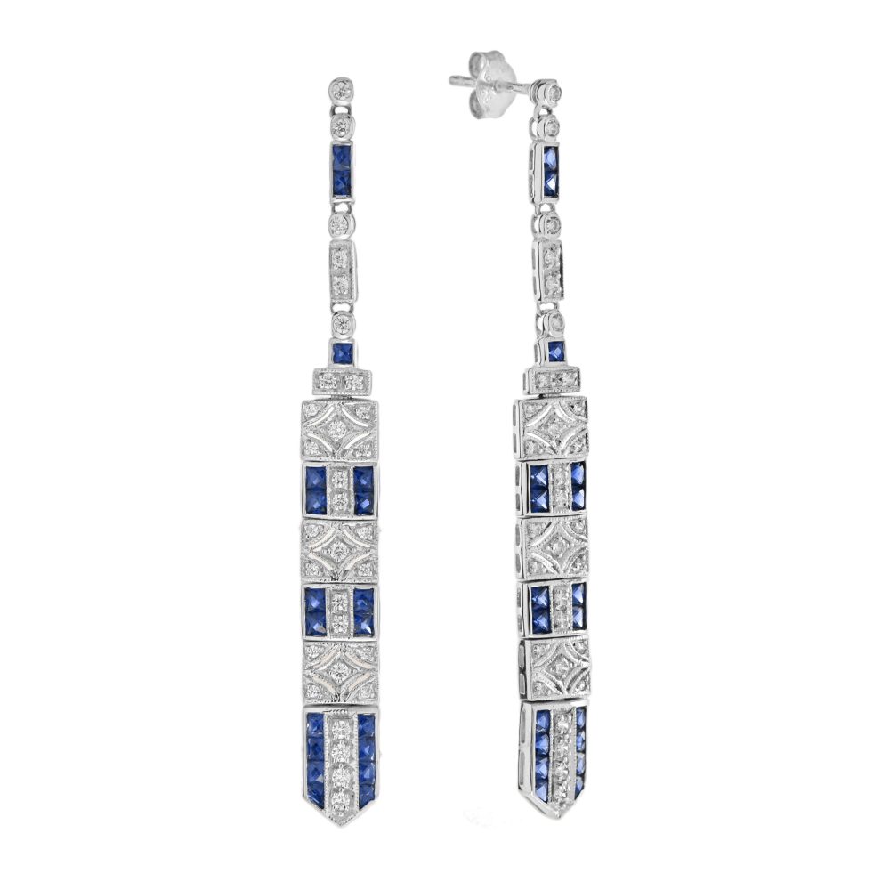 Sapphire and Diamond Art Deco Style Bar Drop Earrings