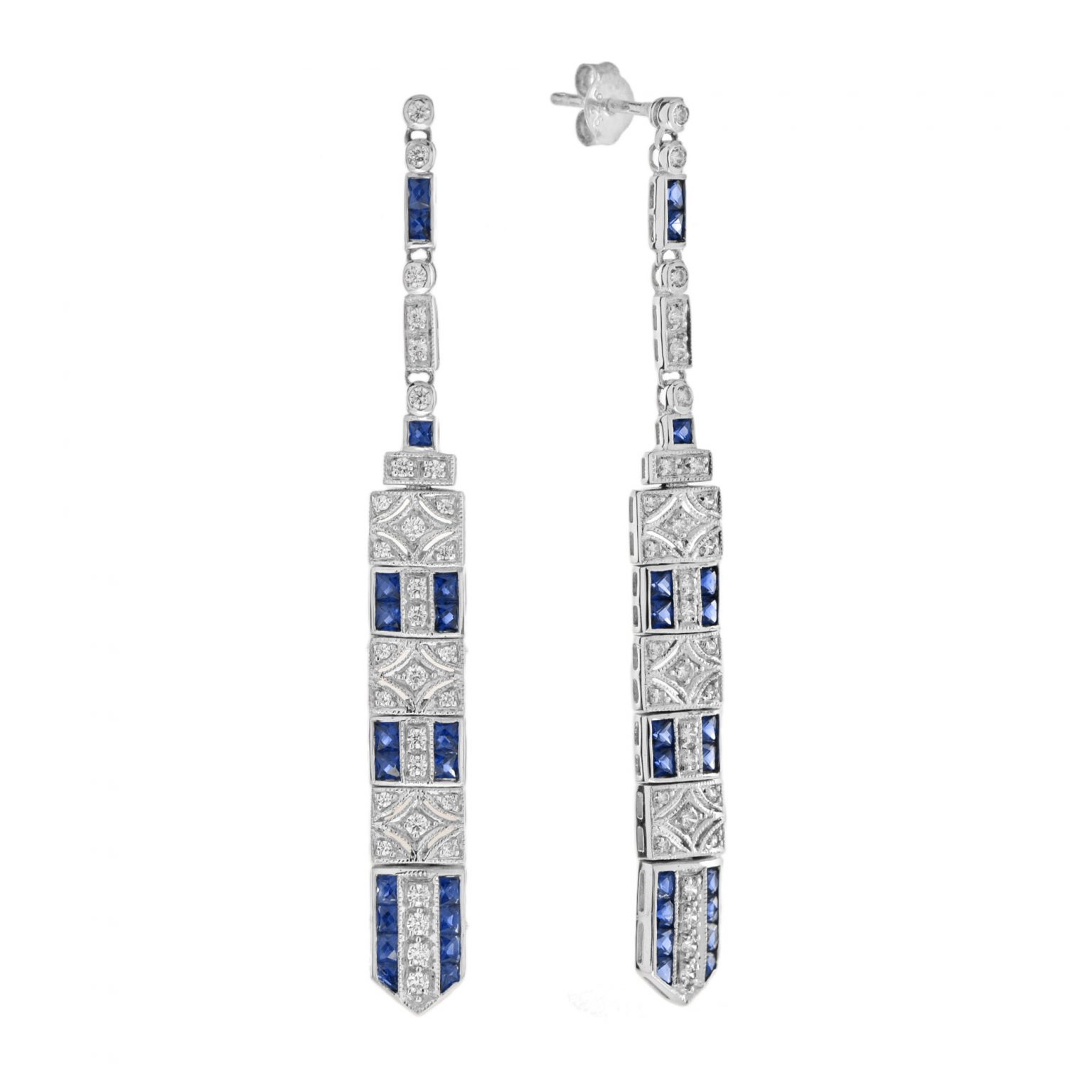 Sapphire and Diamond Art Deco Style Bar Drop Earrings