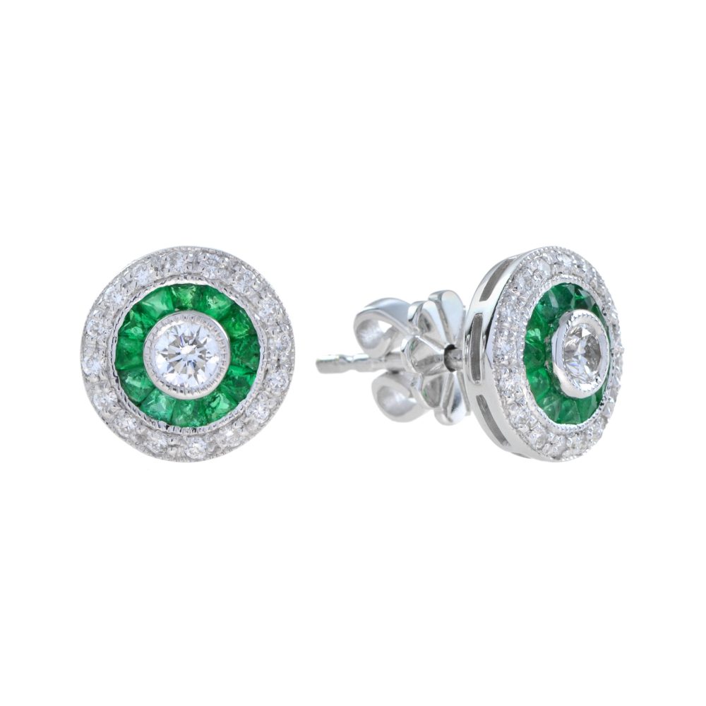 Diamond and Emerald Art Deco Style Target Stud Earrings