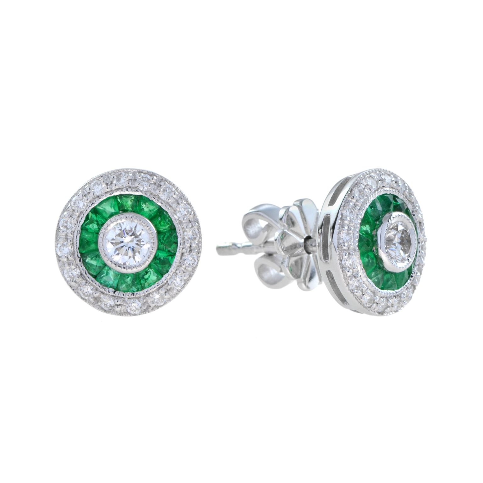 Diamond and Emerald Art Deco Style Target Stud Earrings