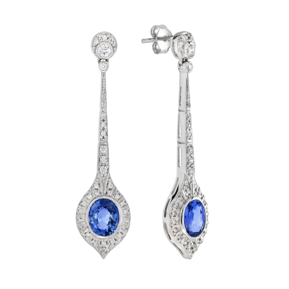 Ceylon Sapphire and Diamond Art Deco Style Drop Earrings