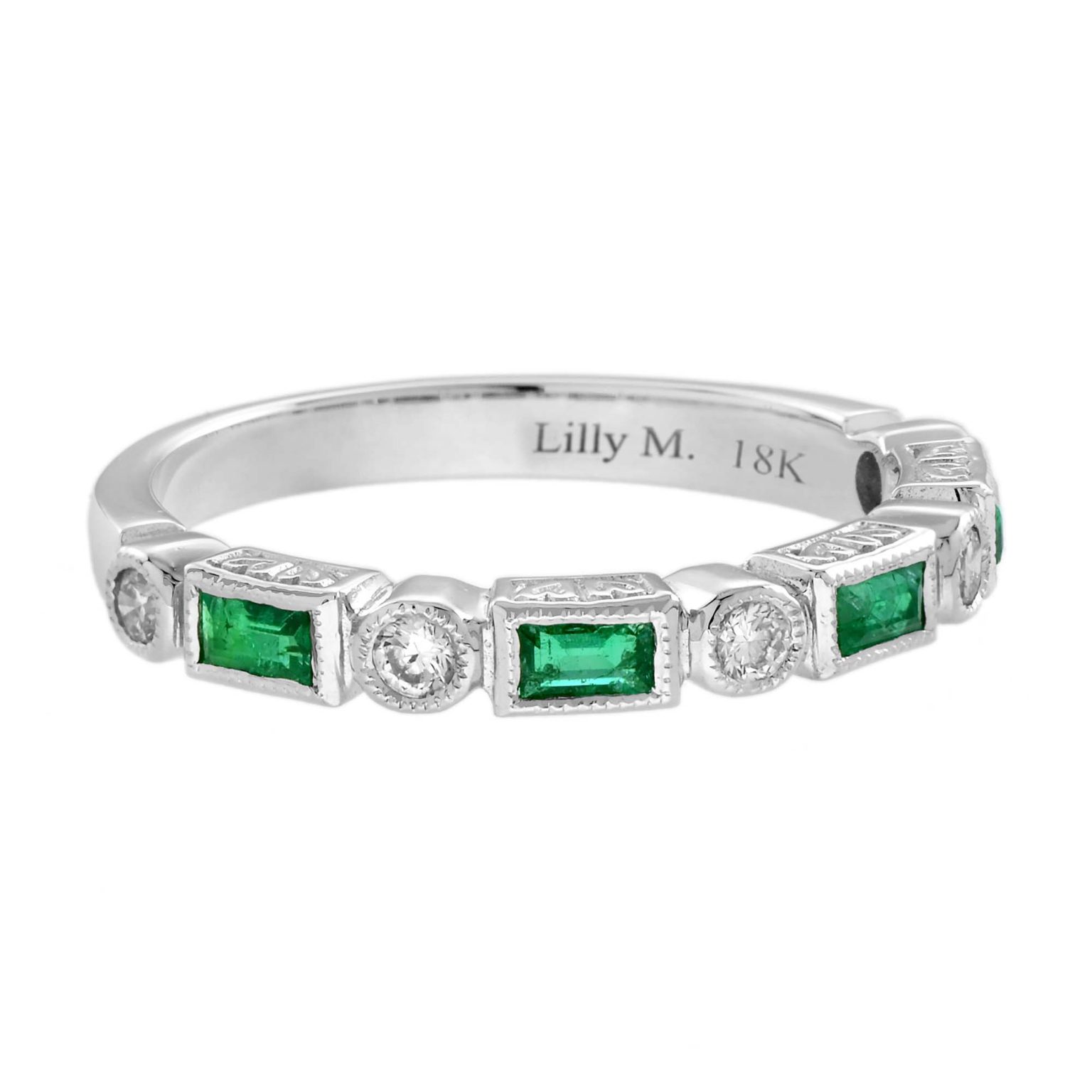 Round Diamond and Emerald Half Eternity Band Ring
