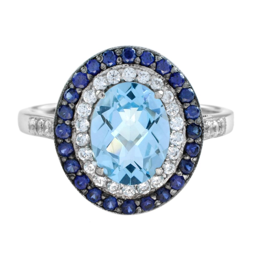 Oval Blue Topaz with Sapphire and Diamond Art Deco Style Halo Ring