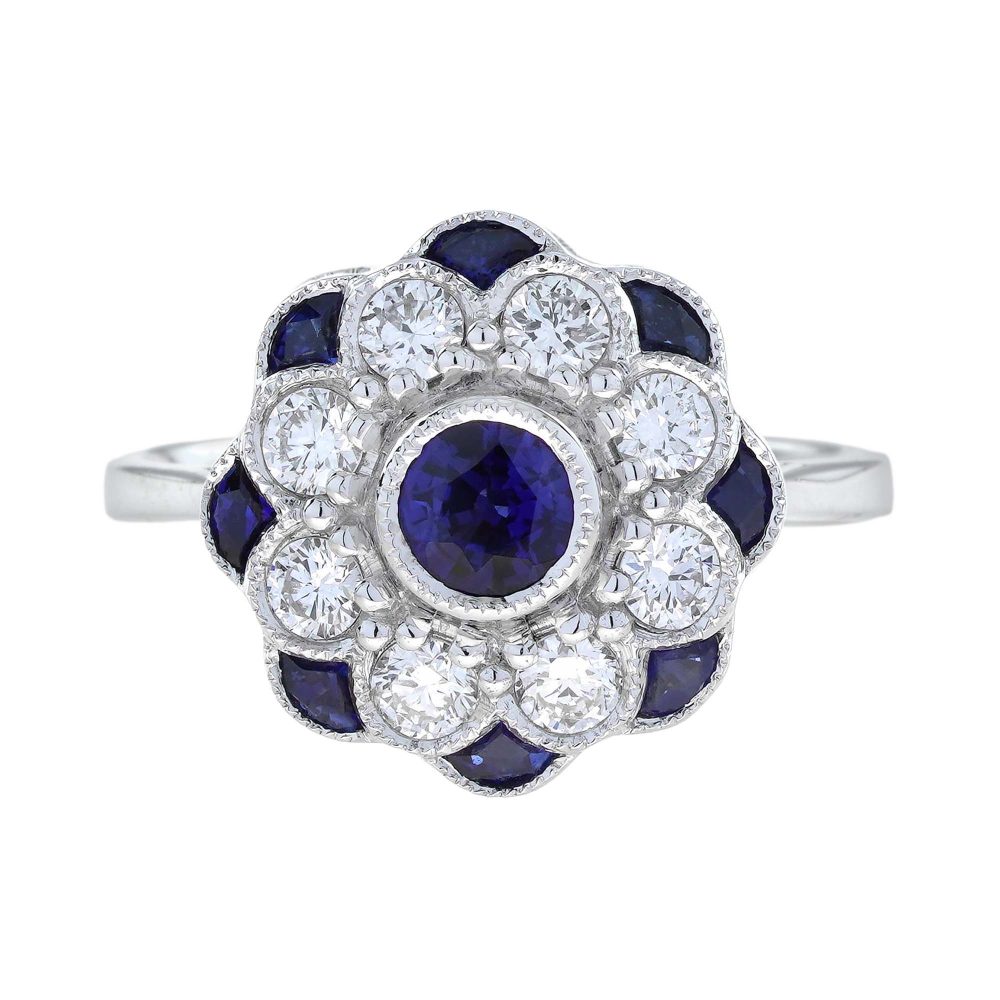 Blue Sapphire and Diamond Art Deco Style Floral Engagement Ring