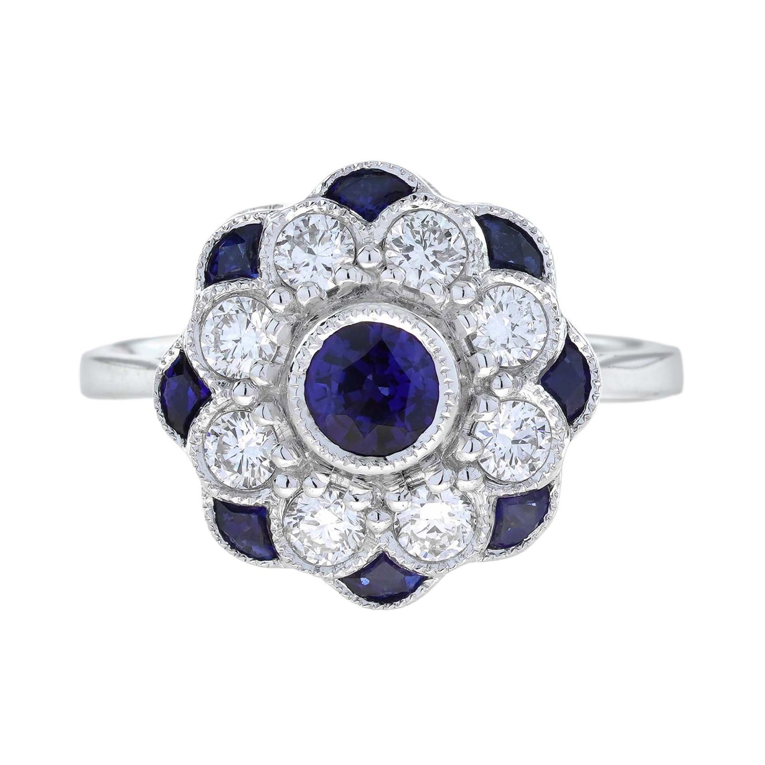 Blue Sapphire and Diamond Art Deco Style Floral Engagement Ring