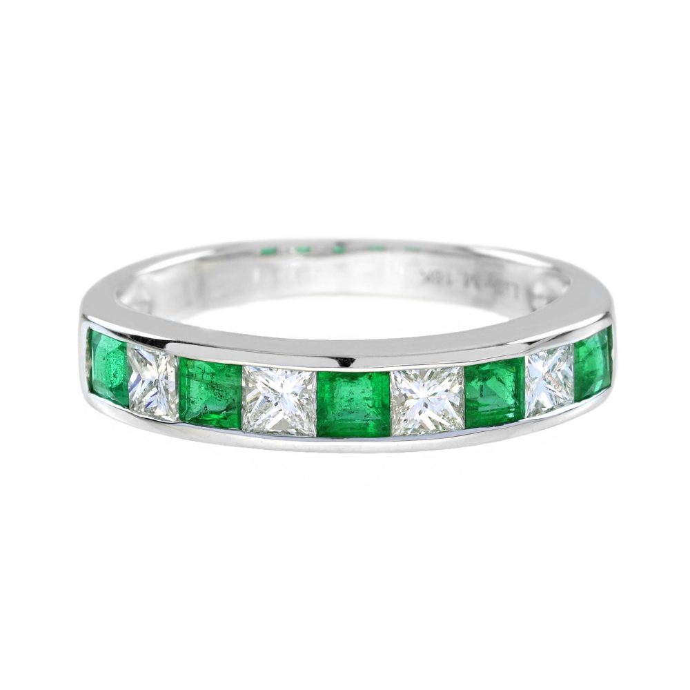 Emerald and Diamond Art Deco Style Half Eternity Band Ring