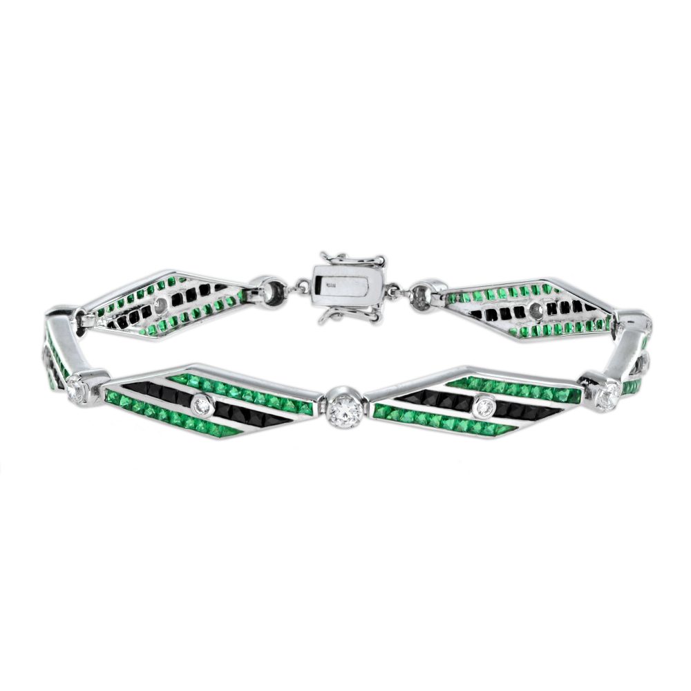 Art Deco Style Diamond with Emerald and Onyx Bracelet
