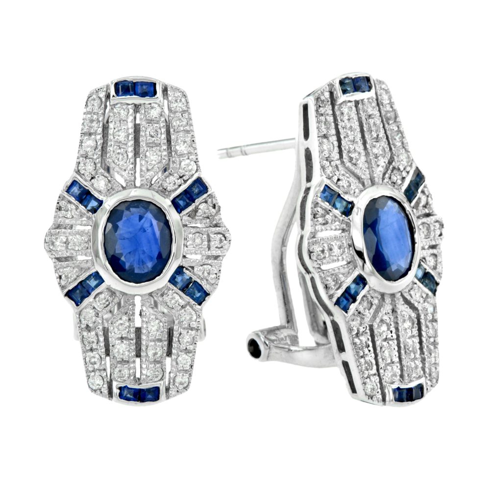 Ceylon and Diamond Art Deco Style Omega Back Earrings