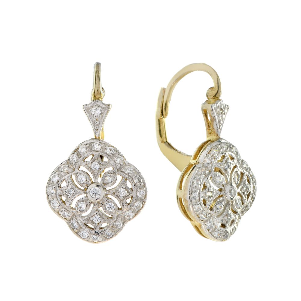 Diamond Vintage Style Floral Two Tone Gold Earrings