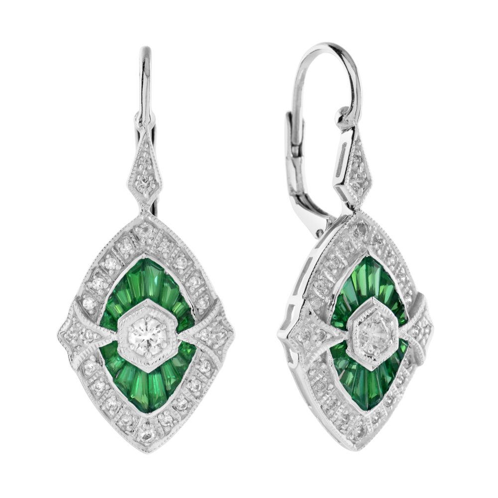 Diamond and French Cut Emerald Accent Marquise Shape Drop Earrings