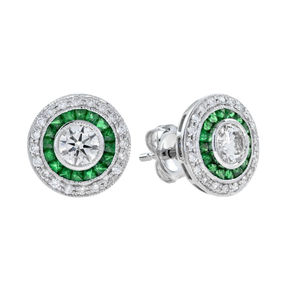 4.4mm Round Diamond and Emerald Double Halo Stud Earrings