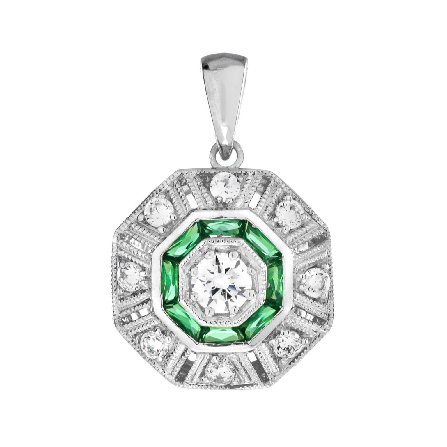 Diamond and Emerald Art Deco Style Octagon Shaped Pendant