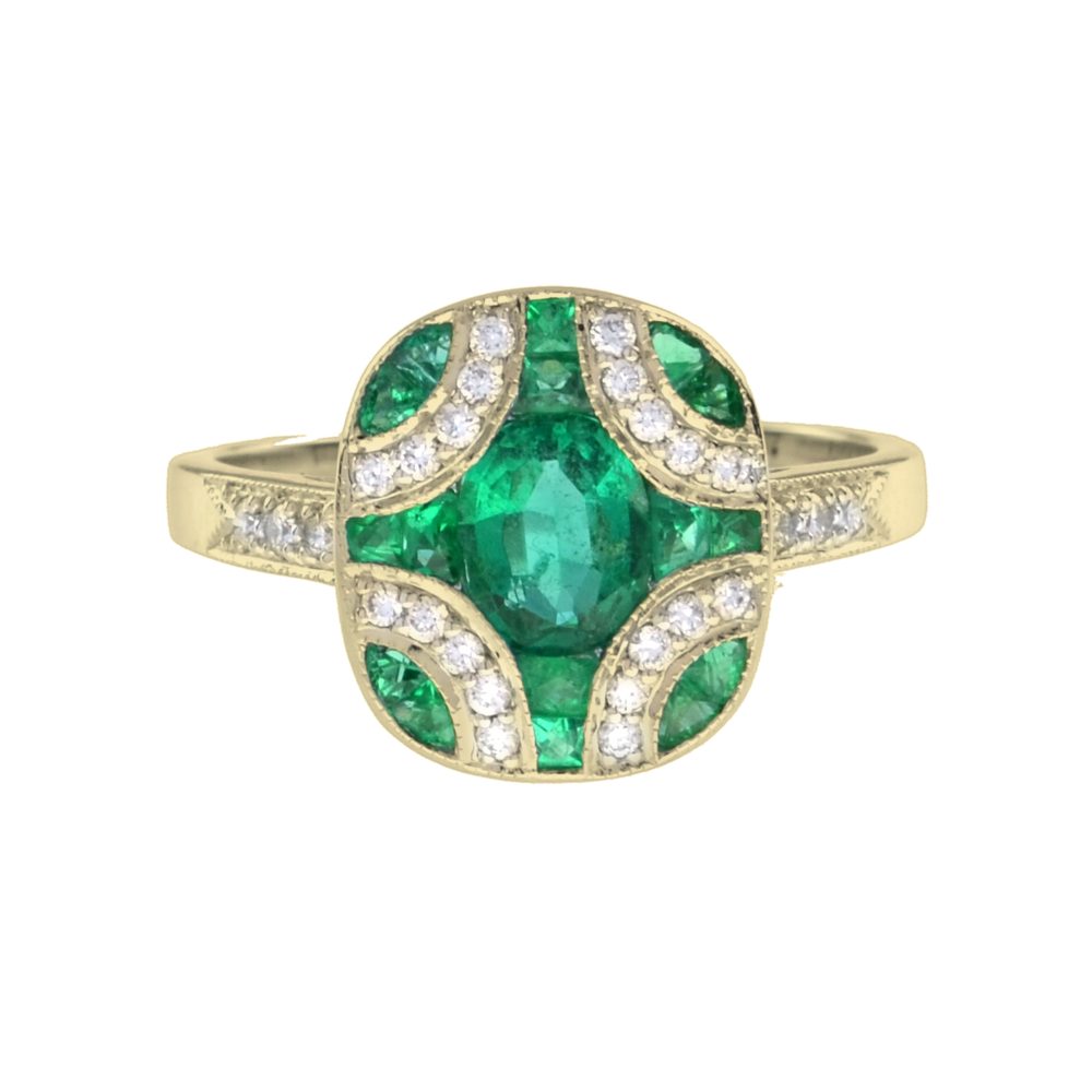 Oval Emerald with Diamond Art Deco Style Ring