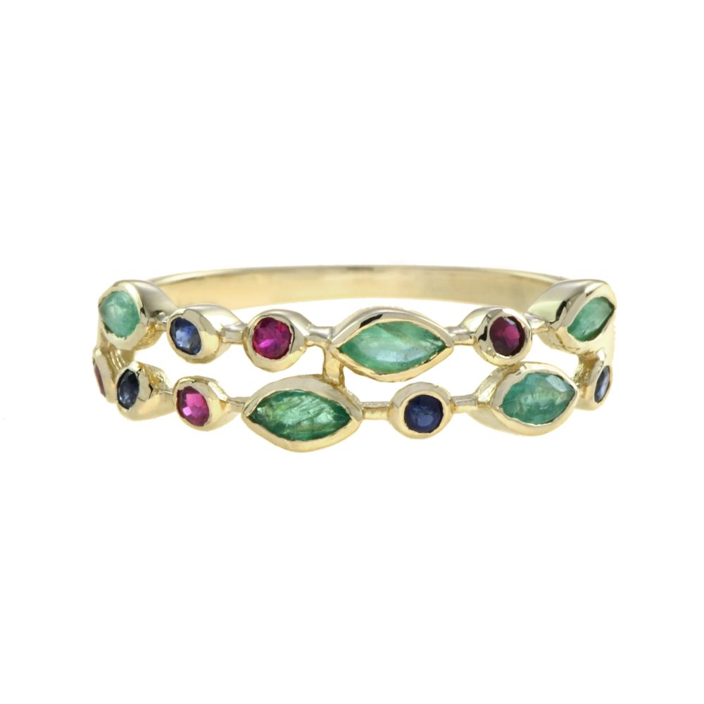 Double Row Emerald Ruby and Sapphire Eternity Ring
