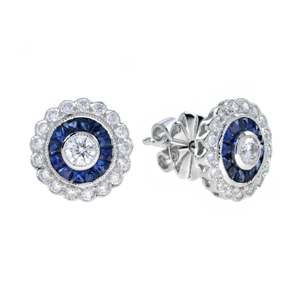 Diamond Sapphire Art Deco Style Stud Earrings