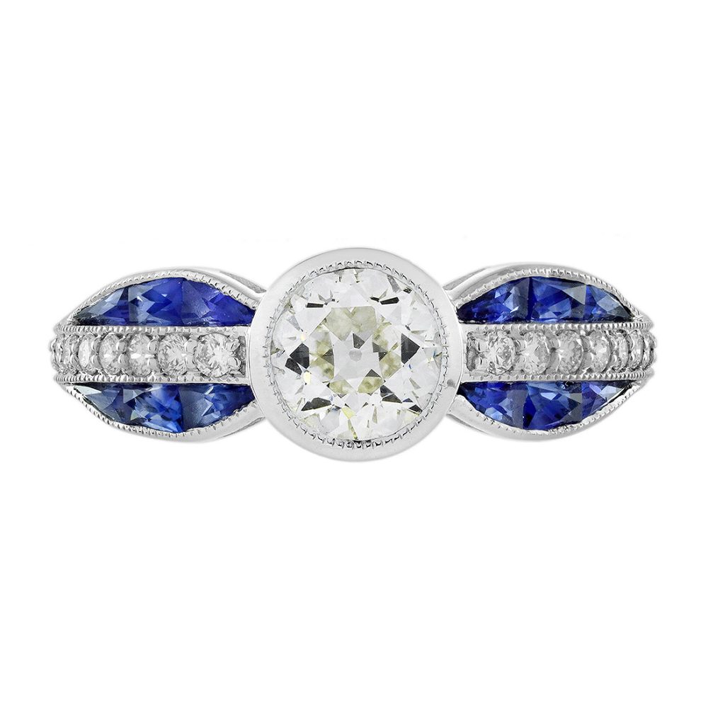 Old Cut Diamond and Blue Sapphire Art Deco Style Engagement Ring