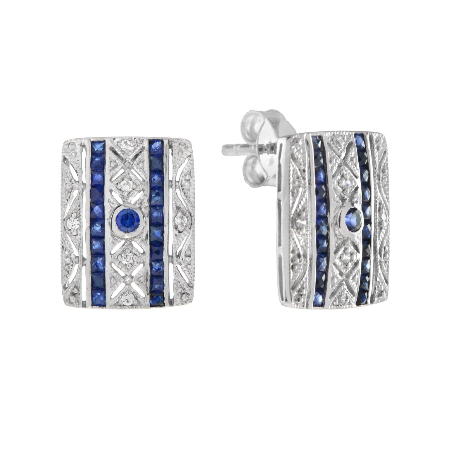 Sapphire and Diamond Art Deco Style Square Stud Earrings