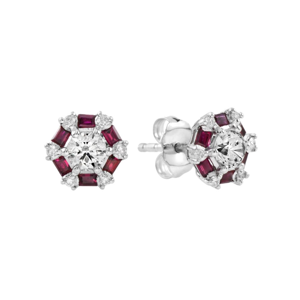 Round Cut Diamond and Ruby Art Deco Style Stud Earrings