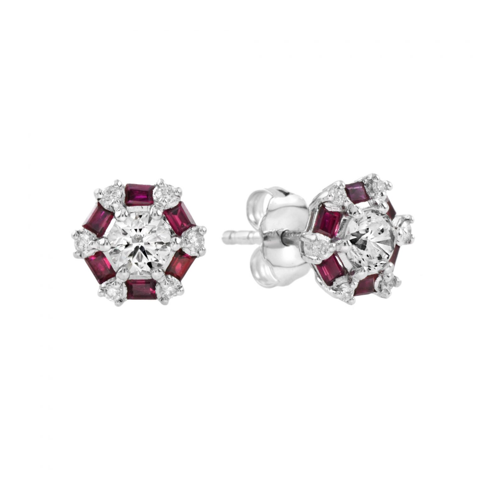 Round Cut Diamond and Ruby Art Deco Style Stud Earrings