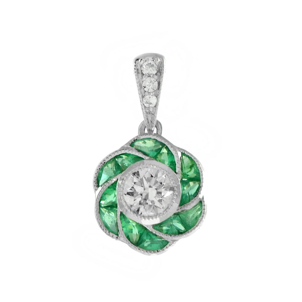 Diamond and Emerald Art Deco Style Rose Flower Pendant