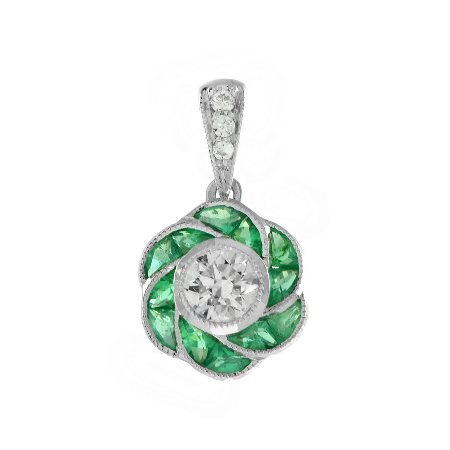 Diamond and Emerald Art Deco Style Rose Flower Pendant