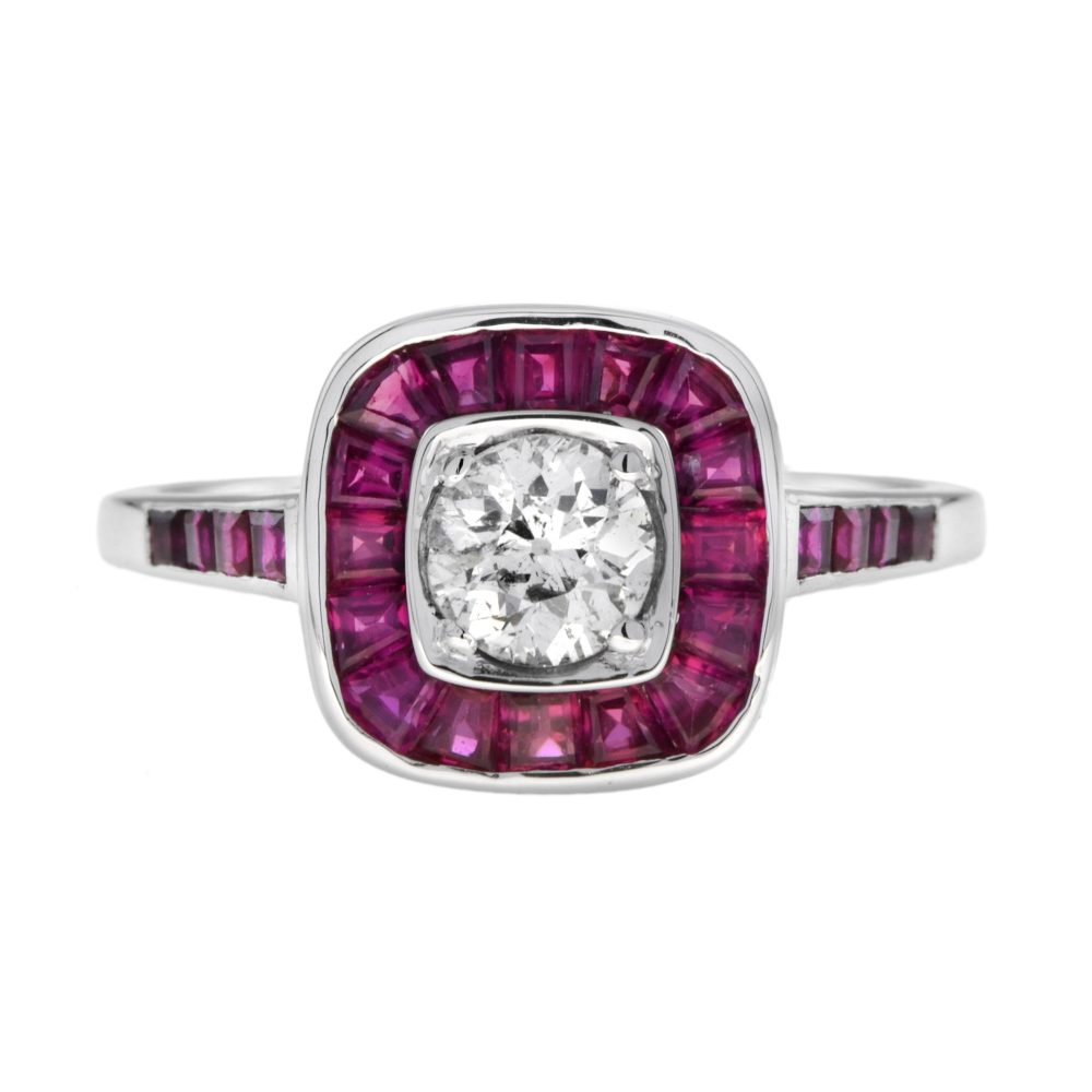 Nova At Deco Style Diamond and Ruby Cushion Shape Engagement Ring