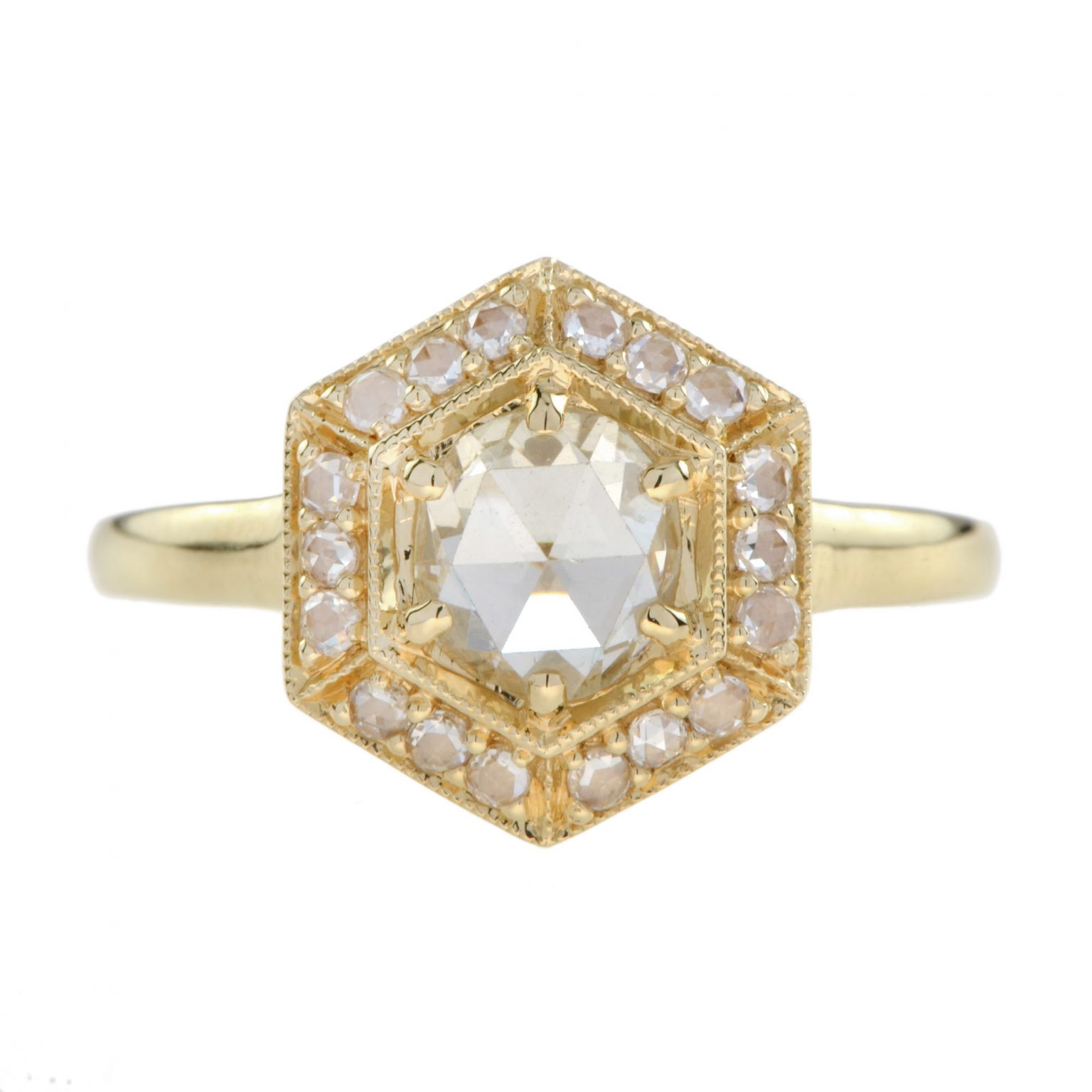 Rose Cut Diamond Hexagon Shaped Engagement Ring