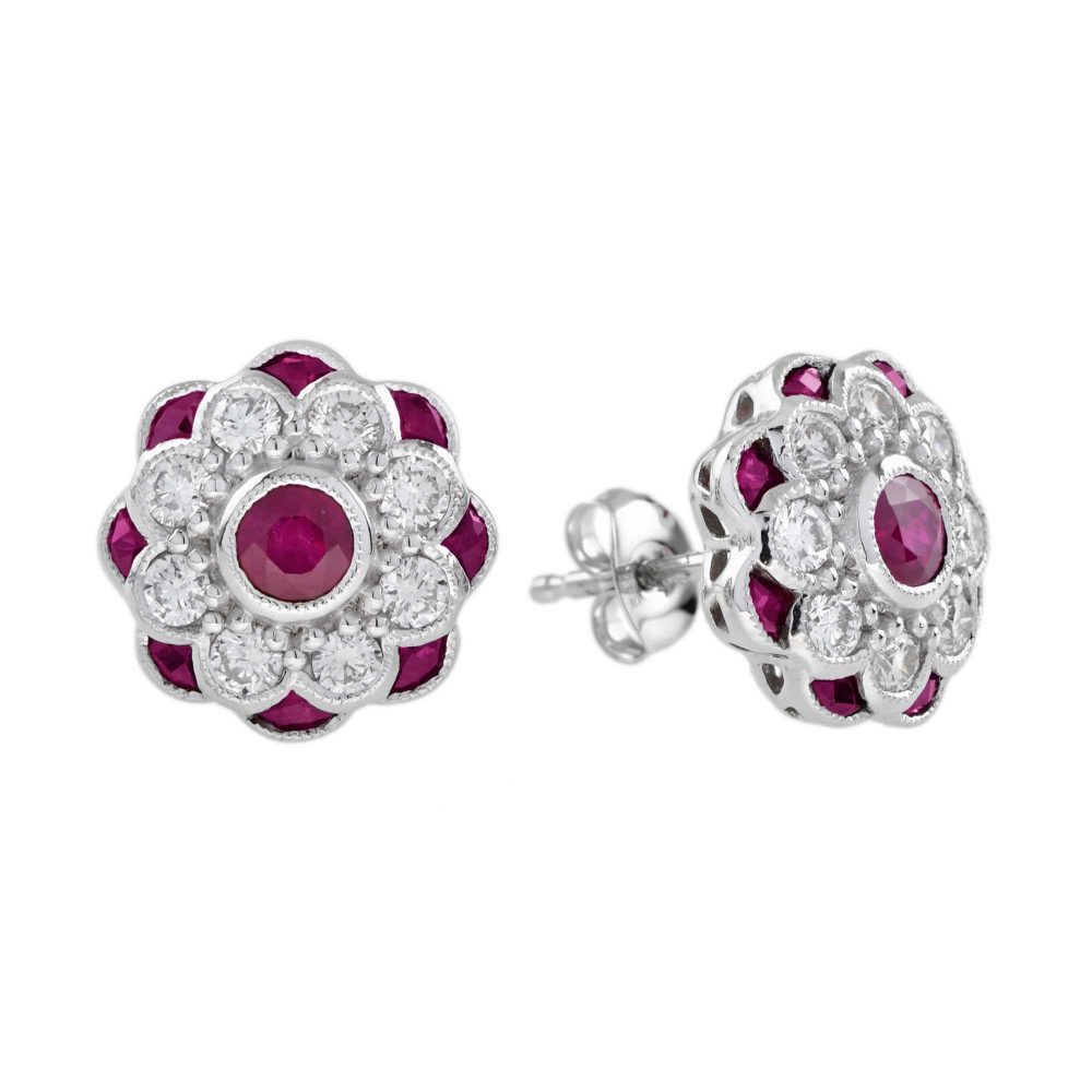Ruby and Diamond Peony Floral Round Stud Earrings