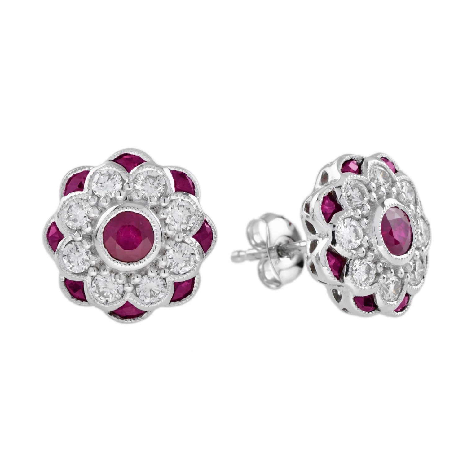 Ruby and Diamond Peony Floral Round Stud Earrings