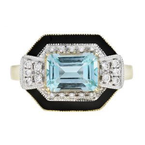 Aquamarine Diamond and Black Enamel Art Deco Style Ring