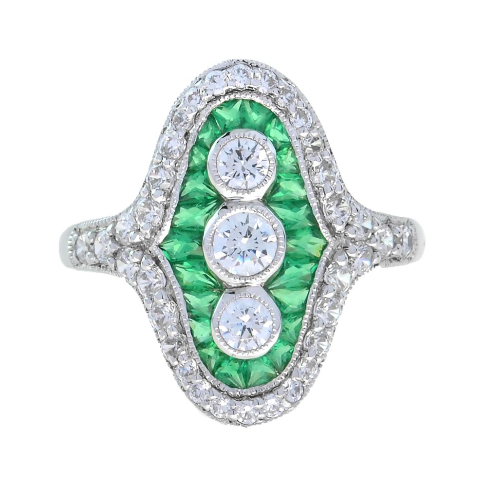 Diamond French Cut Emerald Art Deco Style Three Stone Ring