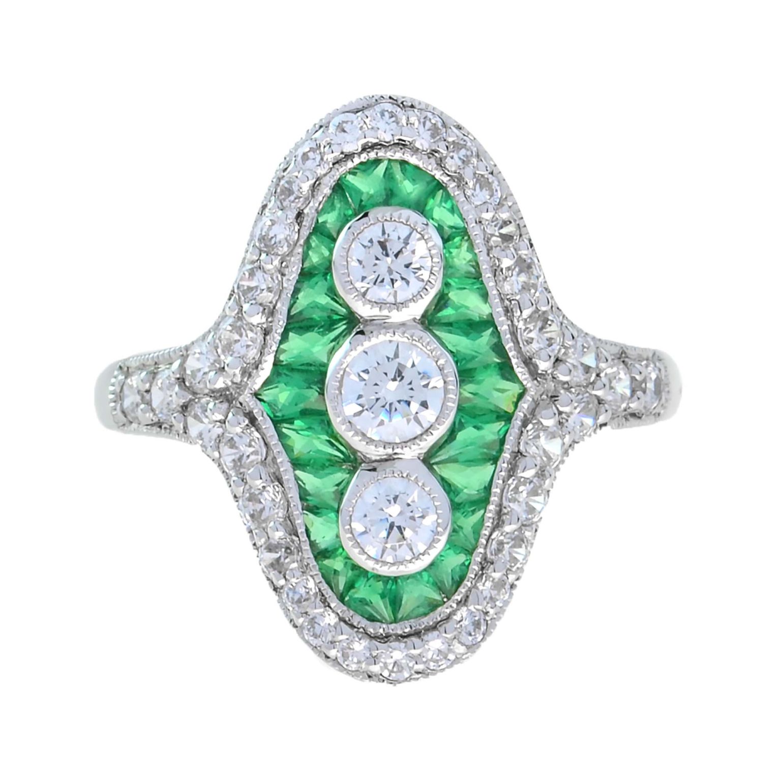 Diamond French Cut Emerald Art Deco Style Three Stone Ring