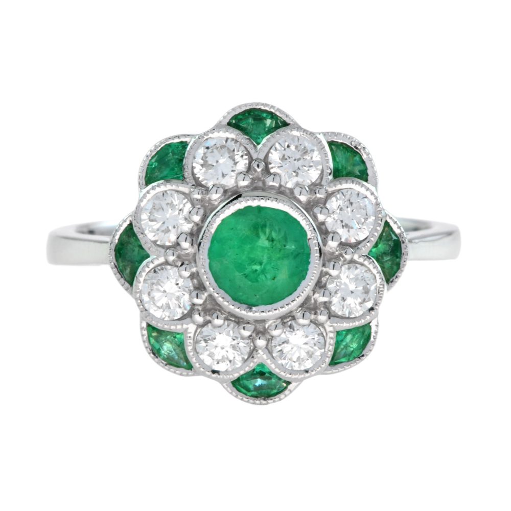 Emerald and Diamond Art Deco Style Floral Engagement Ring
