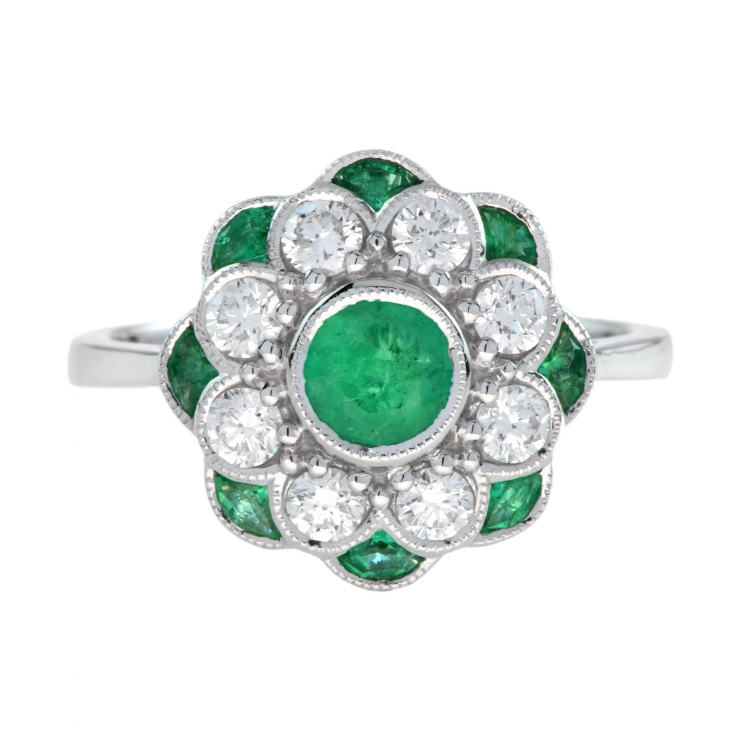 Emerald and Diamond Art Deco Style Floral Engagement Ring