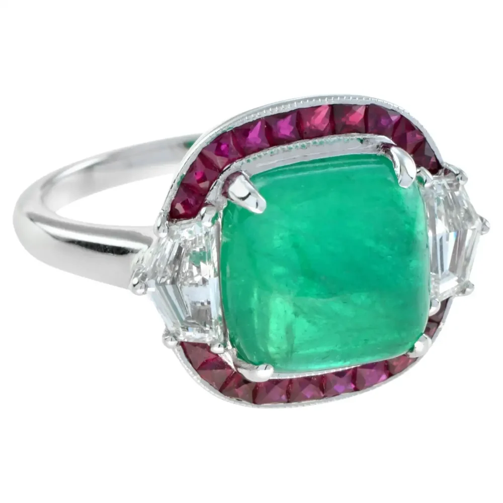 4.12 Carat Cabochon Emerald with Ruby and Diamond Halo Ring