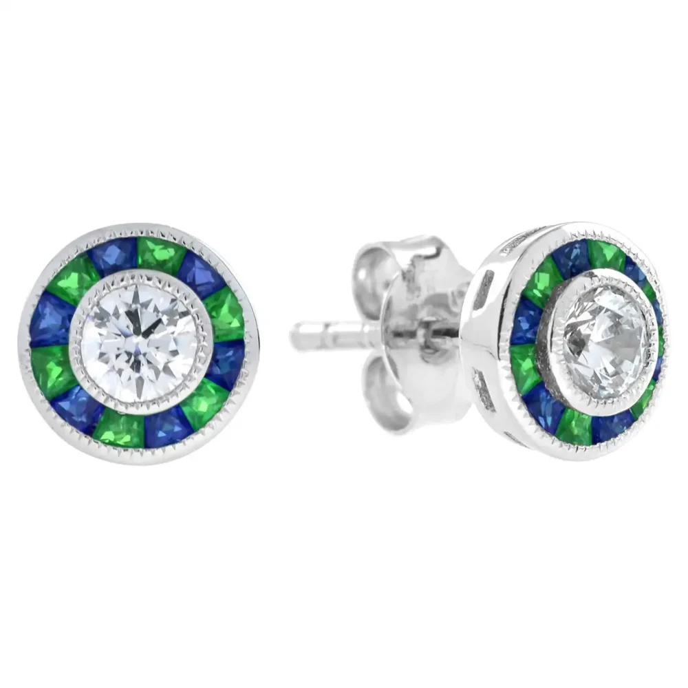 Diamond Emerald Sapphire Art Deco Style Circular Stud Earrings
