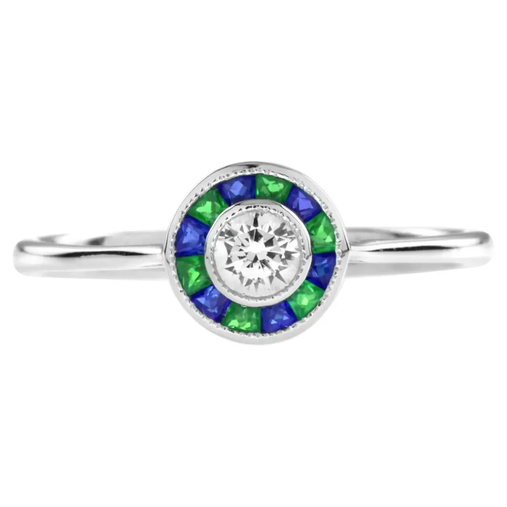 Art Deco Style Diamond with Emerald and Sapphire Target Ring