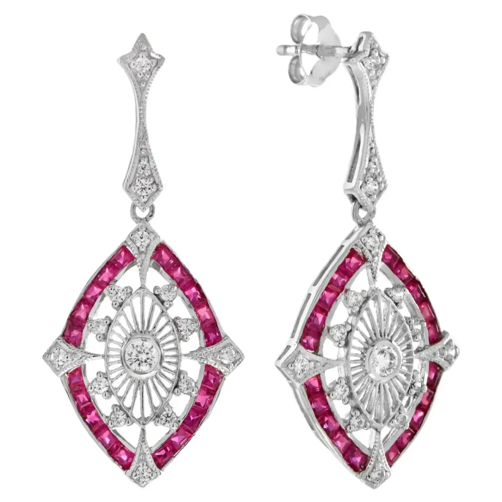 Diamond and Ruby Art Deco Style Marquise Shape Drop Earrings