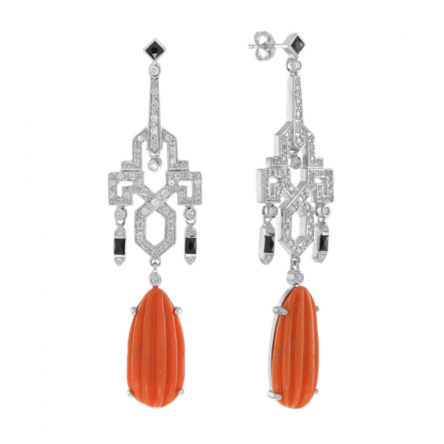 15.97 Ct. Coral with Diamond and Onyx Drop Earrings
