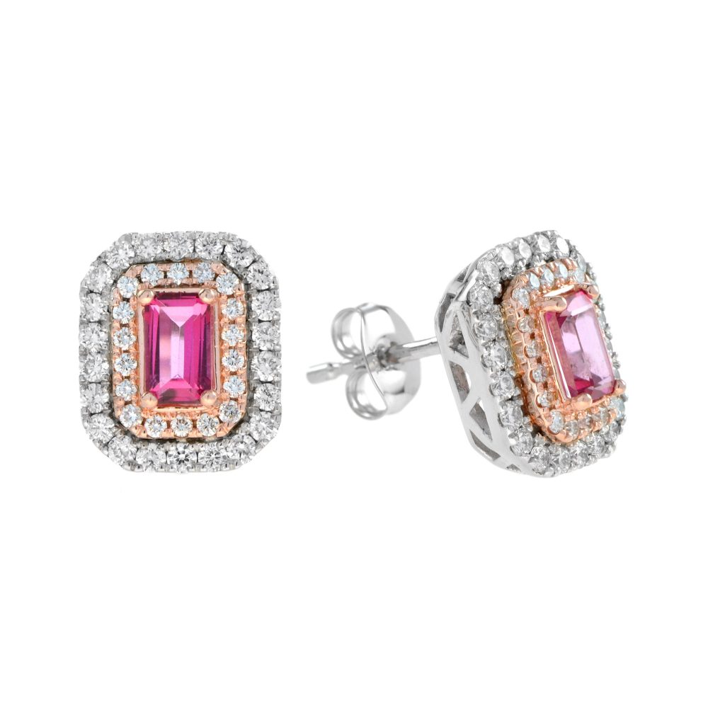 Pink Topaz and Diamond Art Deco Style Stud Earrings