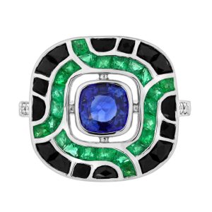 Art Deco Style Ceylon Sapphire with Emerald Onyx and Diamond Cushion Ring